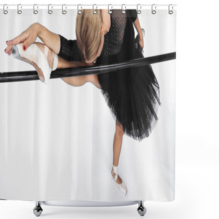 Personality  Young Ballerina In Tutu Skirt Stretching Near Barre On White Background Shower Curtains