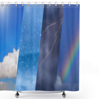Personality  Weather Forecast Background - Variety Weather Conditions, Bright Sun And Snowfall, Dark Stormy Sky With Rainbow. Shower Curtains