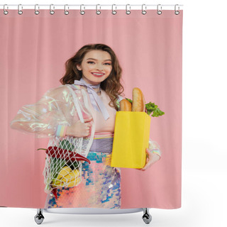 Personality  Housewife Concept, Happy Young Woman Holding Reusable Mesh Bag With Groceries, Stylish Wife Doing Daily House Duties, Standing On Pink Background, Looking At Camera, Role Play  Shower Curtains