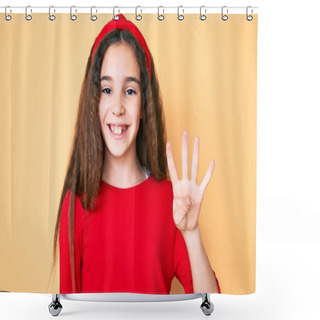 Personality  Cute Hispanic Child Girl Wearing Casual Clothes And Diadem Showing And Pointing Up With Fingers Number Four While Smiling Confident And Happy.  Shower Curtains