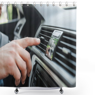 Personality  Cropped View Of Man Adjusting Air Conditioner On Dashboard In Auto  Shower Curtains