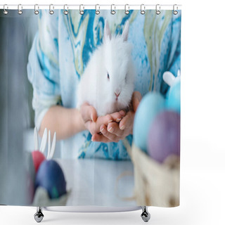 Personality  Woman Holding Bunny By Colored Easter Eggs On Table Shower Curtains