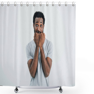 Personality  Worried African American Man In Grey T-shirt, Isolated On Grey Shower Curtains