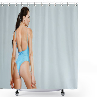 Personality  Back View Of Sexy Sportive Woman In Blue Swimwear Looking Away Isolated On Grey Shower Curtains