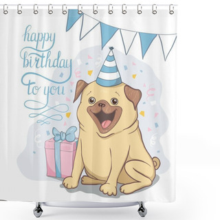 Personality  Birthday Cards Set With Cute Cartoon Dogs. Balloons And Party Hats. Vector Contour Image. Little Puppies. Funny Animals. Shower Curtains
