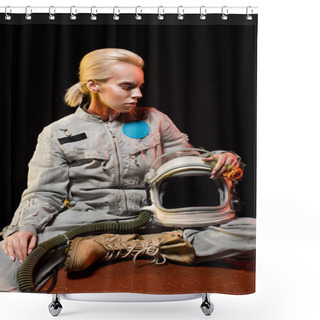 Personality  Beautiful Female Cosmonaut In Spacesuit And Helmet Sitting On Planet Shower Curtains