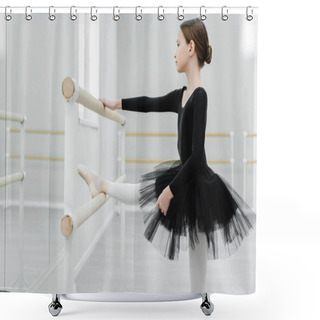 Personality  Side View Of Kid In Black Tutu Stretching At Barre In Dancing Hall Shower Curtains