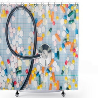 Personality  Elevated View Of Various Colorful Pills And Stethoscope On Blue Checkered Surface Shower Curtains