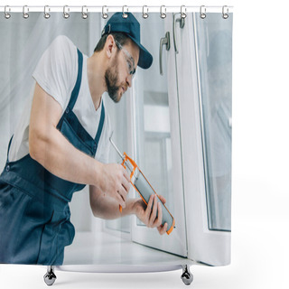 Personality  Bearded Adult Repairman Fixing Window With Sealant Gun Shower Curtains