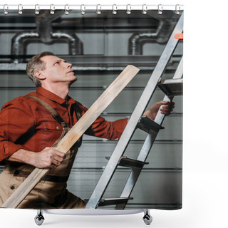 Personality  Repairman In Orange Uniform Climbing With Wooden Board In Hand On Ladder In Garage Shower Curtains