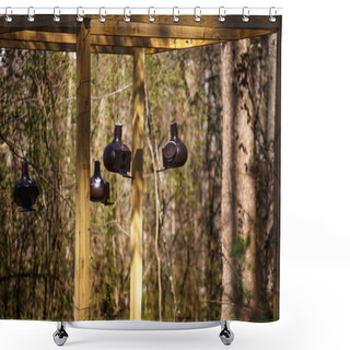 Personality  Birdhouses Hanging From Treated Lumber Shower Curtains