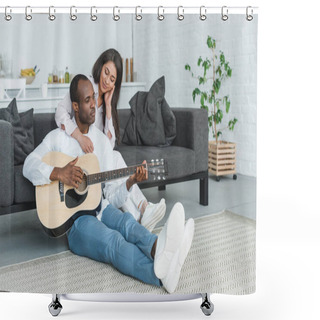 Personality  African American Boyfriend Sitting On Floor And Playing Guitar For Girlfriend At Home Shower Curtains