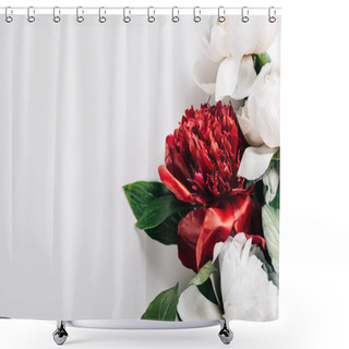 Personality  Top View Of Red And White Peonies With Green Leaves On White Background Shower Curtains