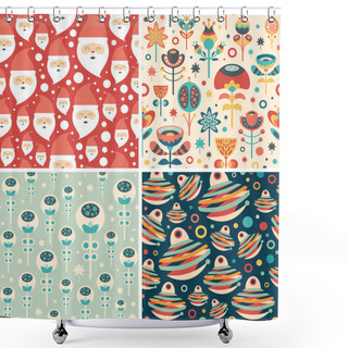 Personality  Set Of Seamless Patterns With Santa And Christmas Flowers. Shower Curtains