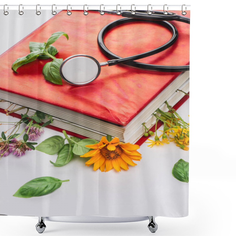 Personality  Herbs In Book With Stethoscope On White Background, Naturopathy Concept Shower Curtains