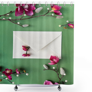 Personality  A White Envelope Adorned With Delicate Pink Magnolia And Plum Flowers Placed Against A Vibrant Green Background. Shower Curtains