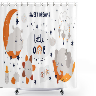 Personality  Little Baby Animals Sleeps On The Moon.  Childish Collection With Cute Baby Animals Characters: Hippo And Elephant. Vector Cartoon Doodle Elements For The Design Of Children's Things Shower Curtains