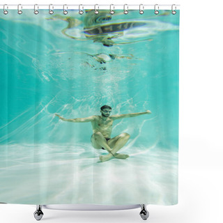 Personality  Muslim Swimmer In Goggles Swimming Near Bottom Of Pool  Shower Curtains