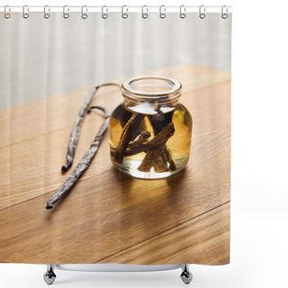 Personality  Glass Bottle Of Essential Oil With Vanilla Pods On Wooden Cutting Board Shower Curtains