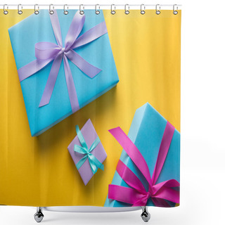Personality  Top View Of Multicolored Gift Boxes With Ribbons On Yellow Background Shower Curtains
