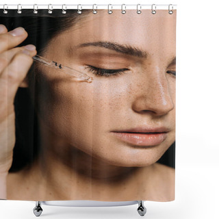 Personality  Attractive Young Woman Applying Serum On Face With Pipette Shower Curtains