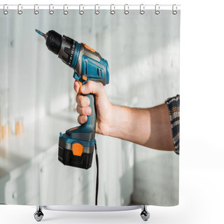 Personality  Cropped View Of Installer Holding Hammer Drill In Hand  Shower Curtains