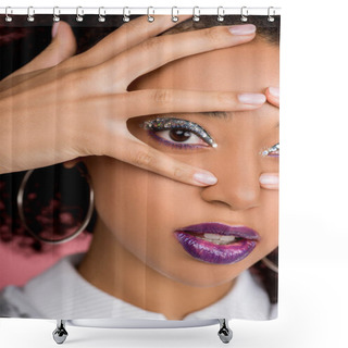 Personality  Attractive African American Girl With Silver Glitter Eyeshadows And Purple Lips, Isolated On Pink Shower Curtains
