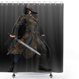 Personality  Fantasy Medieval Man In Leather Armor, Hooded Cloak, With Swords Shower Curtains