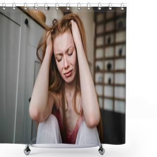 Personality  A Beautiful Red Haired Girl Is Sitting On The Kitchen Floor And Holding Her Head With Her Hands Feeling Very Stressed Shower Curtains
