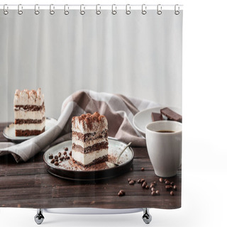 Personality  Plate With Tasty Tiramisu On Table Shower Curtains
