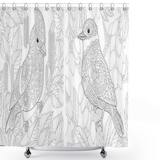 Personality  Adult Coloring Pages. Cute Birds Sitting On Tree Branches. Line Art Design For Antistress Colouring Book In Zentangle Style. Vector Illustration.  Shower Curtains