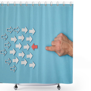 Personality  Cropped View Of Man Pointing With Finger To Red Horizontal Pointer Opposite White Arrows On Blue Background Shower Curtains