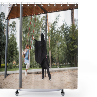 Personality  Muslim Mother Standing Near Child On Swing In Park  Shower Curtains
