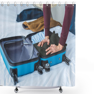 Personality  Cropped View Of Man Packing Clothes Into Travel Bag  Shower Curtains