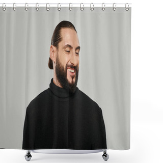 Personality  Portrait Of Good Looking Arabic Man With Beard Posing In Turtleneck And Smiling On Grey Backdrop Shower Curtains
