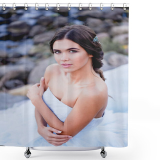 Personality  Brunette European Style On The Beach, Romantic Gazing Into The Distance. Beautiful Hair Jewelry Handmade Shower Curtains