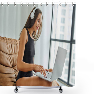 Personality  Young Freelancer In Wireless Headphones Using Laptop And Sitting On Bean Bag Chair, Pretty Woman Shower Curtains