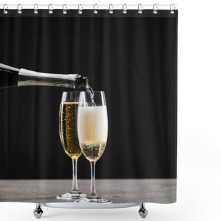 Personality  Sparkling Wine Pouring From Bottle Into Glasses For Celebrating Christmas On Black  Shower Curtains