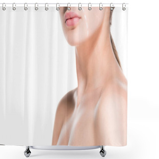 Personality  Cropped Shot Of Young Woman With Dotted Line Drawn On Face For Plastic Surgery Isolated On White Shower Curtains