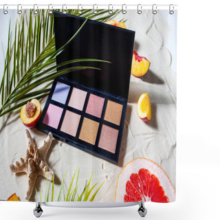 Personality  Charming Beach. Palette Of Shadows With Square Refills Surrounded By Corals, And Palm Leaves Lie On The White Sand. Shower Curtains