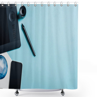 Personality  Top View Of Graphics Tablet, Watercolor Drawing And Smartphone On Blue Surface Shower Curtains