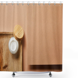 Personality  Top View Of Open Jar With Cream On Wooden Tray On Brown  Shower Curtains