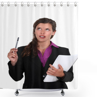 Personality  Young Businesswoman Looking Upwards With Notepad And Pen Shower Curtains
