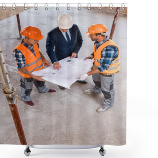 Personality  Overhead View Of Constructors And Businessman Holding Blueprint  Shower Curtains