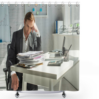 Personality  Disappointed Businessman Sitting On Office Chair Leaning On Table With Pile Of Documents Shower Curtains