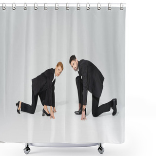 Personality  Serious Business Competitors In Low Start Position Looking At Camera On Grey Background Shower Curtains