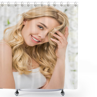 Personality  Smiling Attractive Girl With Blonde Hair Posing At Camera On White Floral Background Shower Curtains