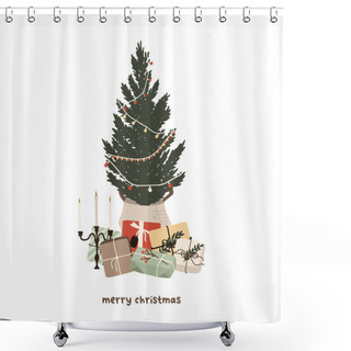 Personality  Christmas Tree With Toys Gifts And Candlestick. Winter Holiday New Year Season Card. Vector Illustration In Hand Drawn Cartoon Flat Style Shower Curtains