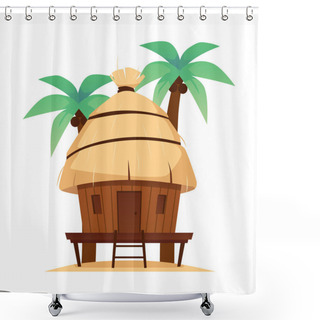 Personality  Beach Bungalow House For Summer Vacation Topics. Straw Roof Hut Or Bungalow Of Tropical Hotels Or Island Resort, Flat Vector Illustration Isolated On White Background. Shower Curtains
