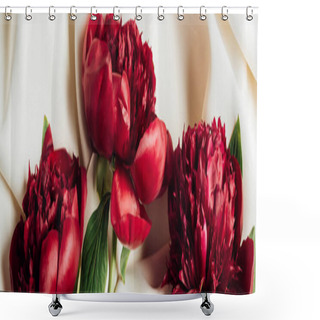 Personality  Top View Of Bouquet Of Red Peonies On White Cloth, Panoramic Shot Shower Curtains